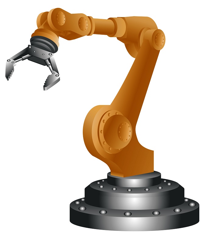 Mechanical robotic arm with gripper isolated on white. Vector illustration.