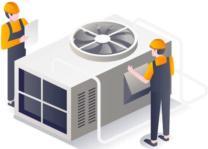 Isometric flat illustration concept. two men maintaining an HVAC cooler