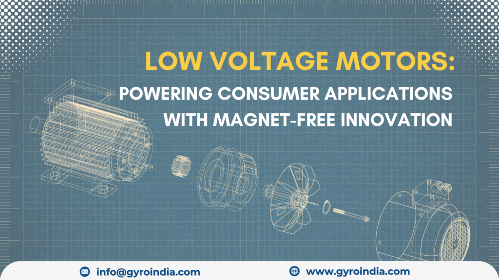 Engineers showcasing magnet-free low voltage motor designed for consumer applications at Gyrodrive Machineries lab, emphasizing energy efficiency and innovation.