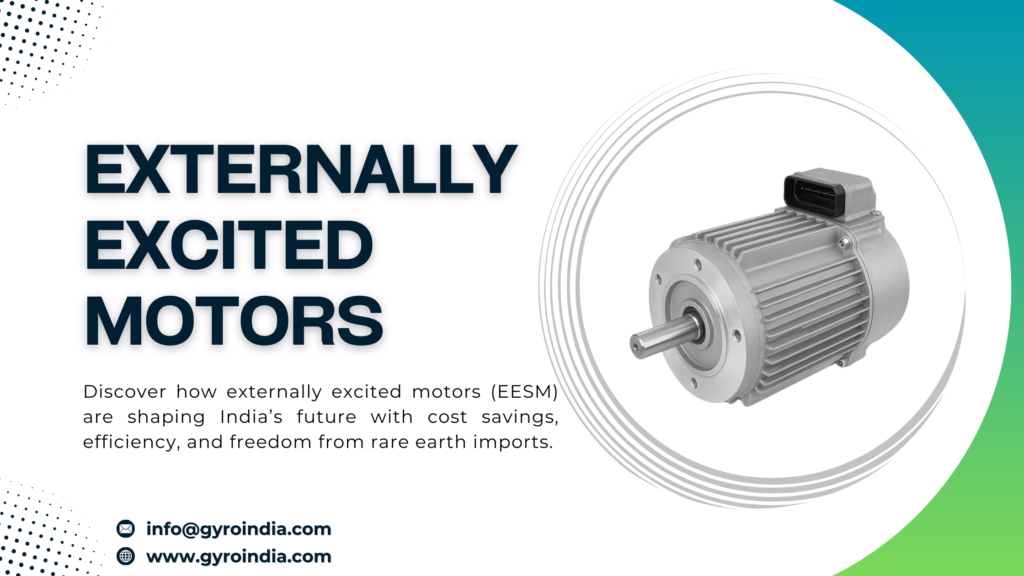 High-resolution 3D illustration of an externally excited synchronous motor showing rotor, stator, and excitation components with metallic finish in industrial style